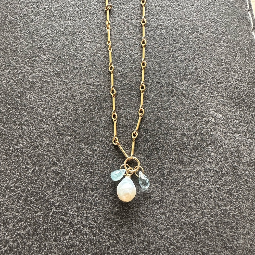 NWT Blue Ruby gold necklace with pearl and aquamarine drops.